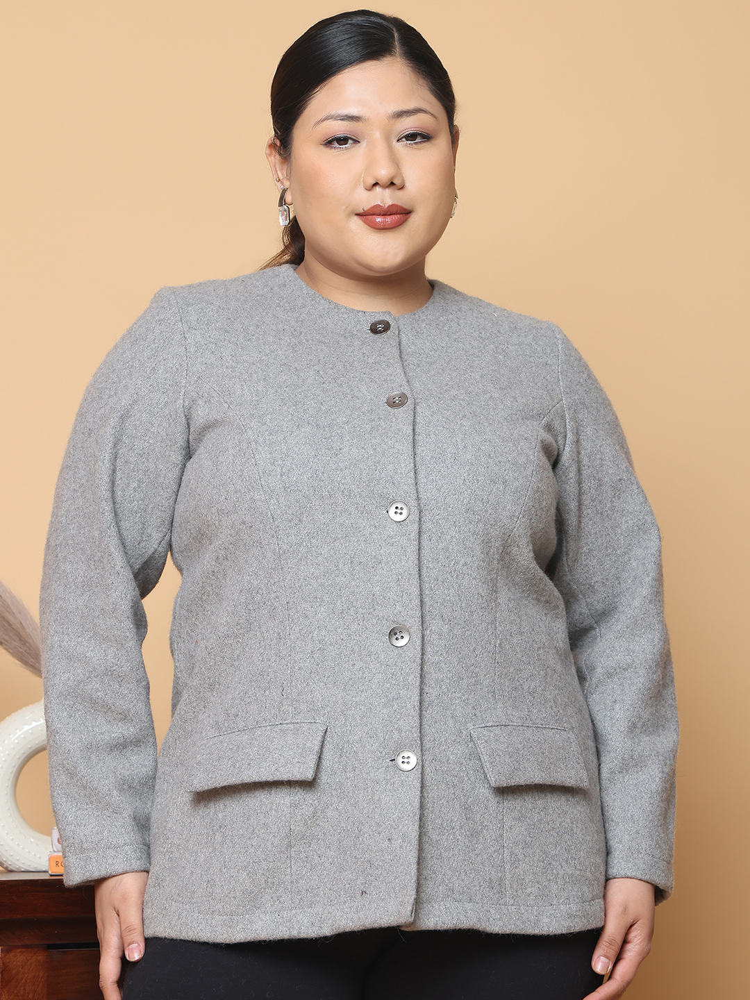 Women's Plus Size Grey Solid Color Felt winter Jacket, has a round neck, front open button closures, long sleeves, two front flap pockets and straight hem.