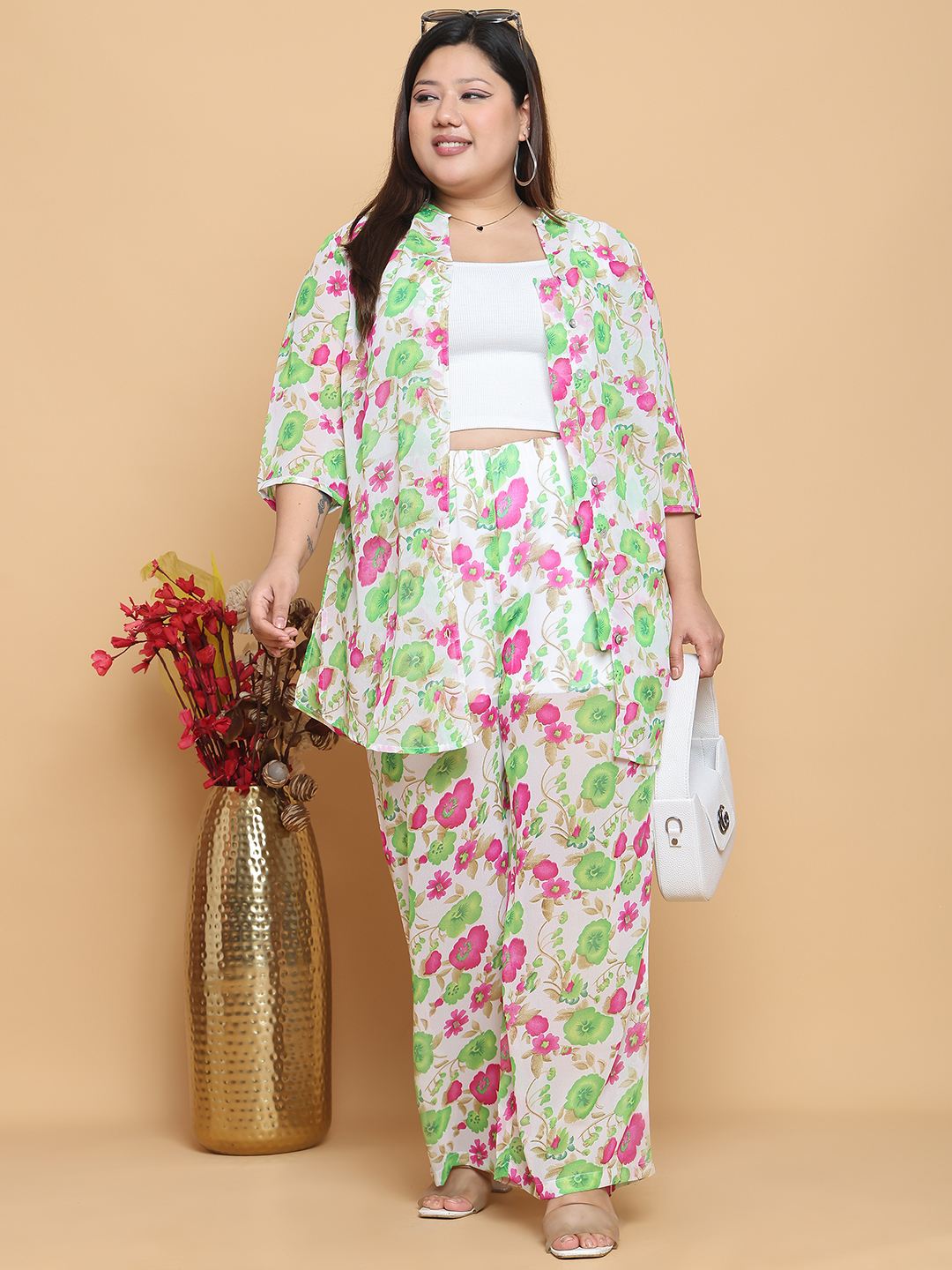 Women's Plus Size Bright Green floral printed casual georgette shirt