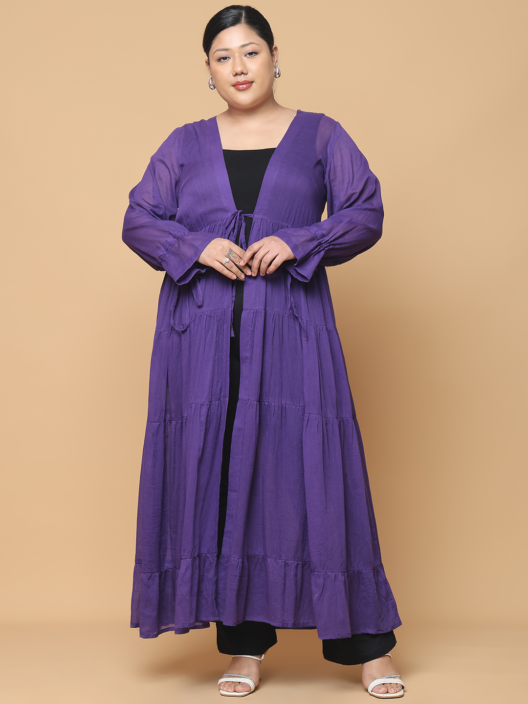 Women's Plus Size Purple Solid Color Longline Cotton Shrug