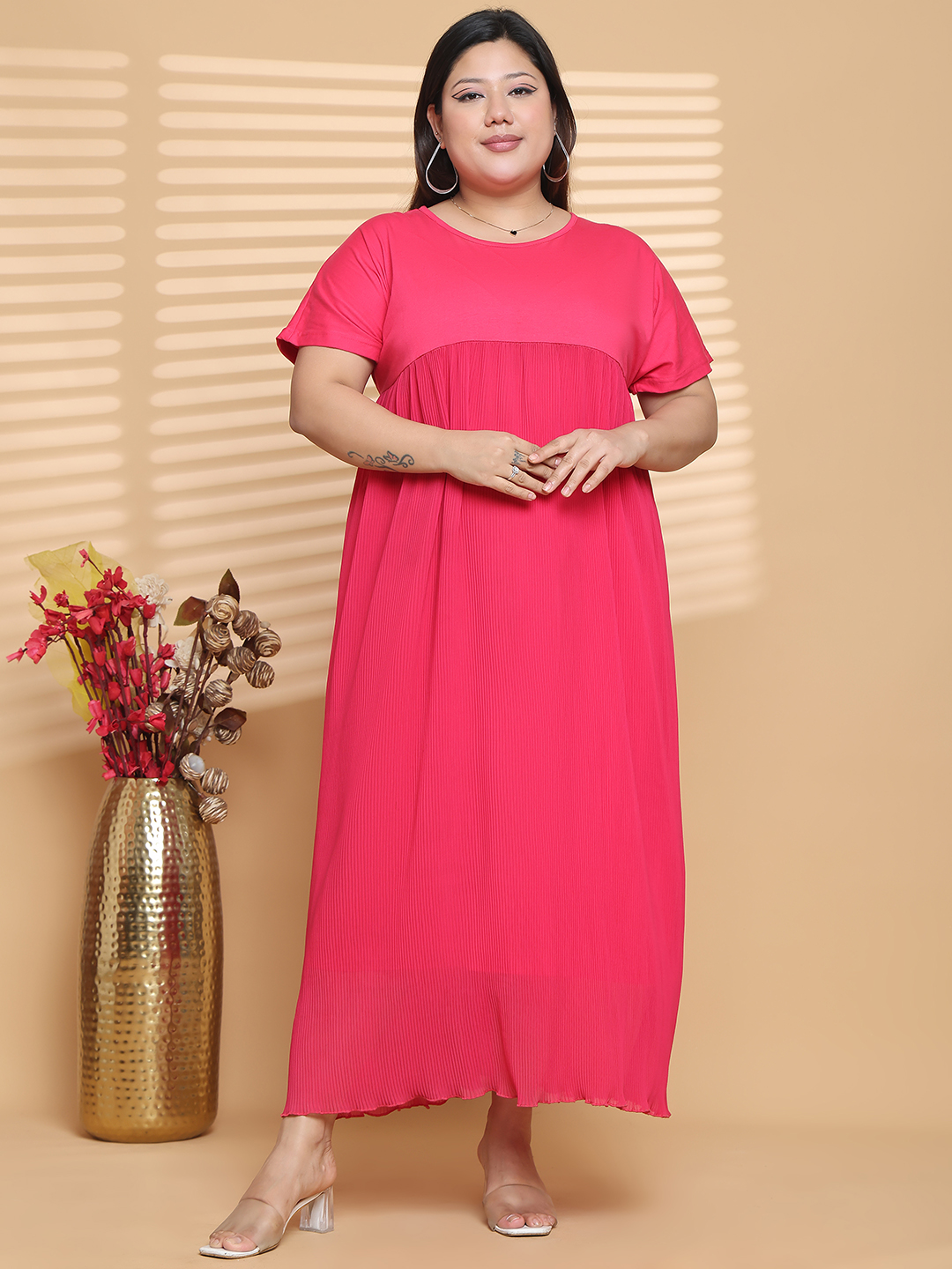Women's Plus Size Fuchsia Solid Color A-Line Maxi Dress