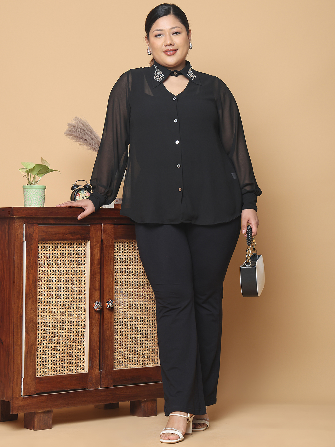 Women's Plus Size Black Solid Color Georgette Shirt