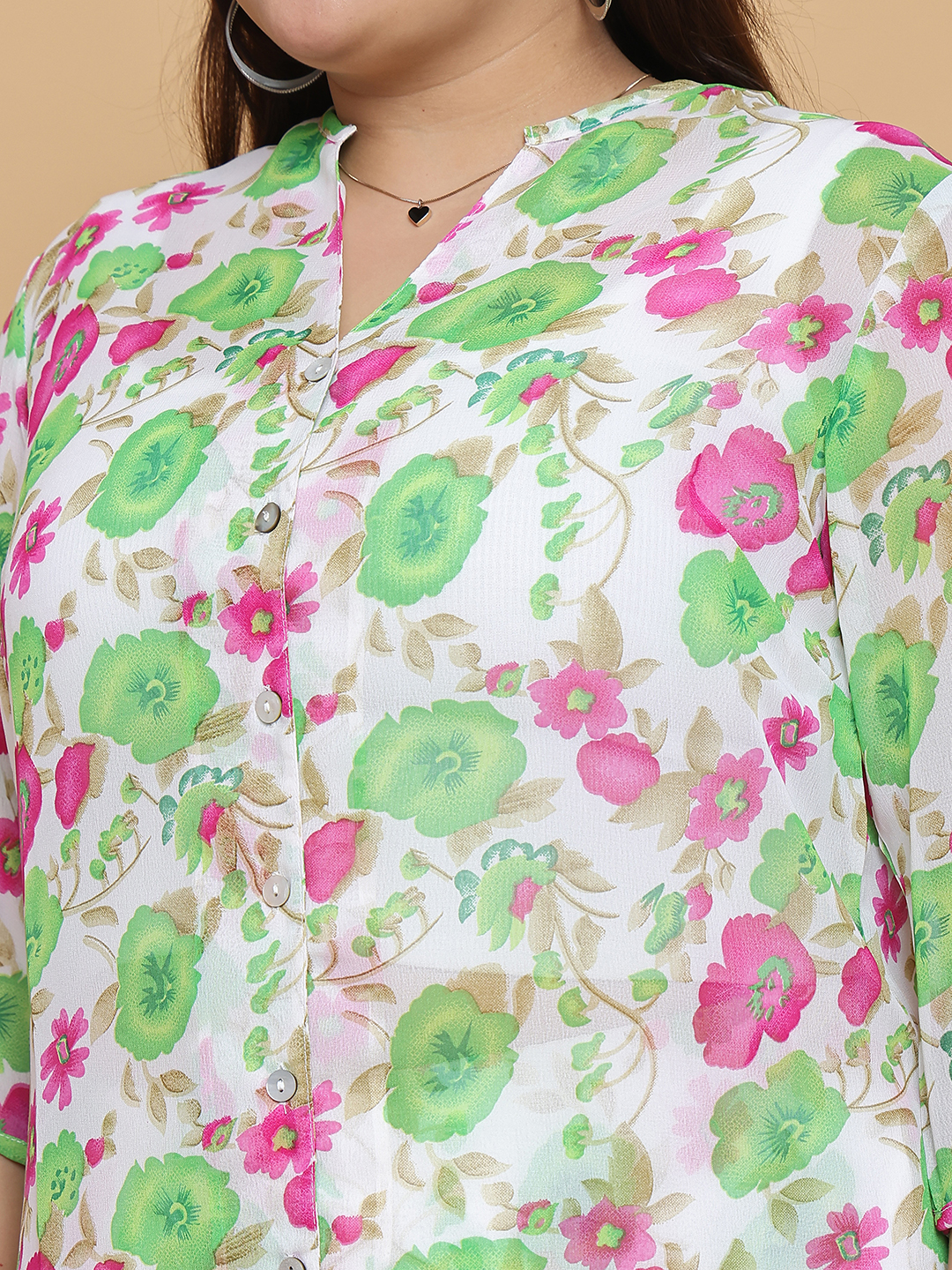 Women's Plus Size Bright Green floral printed casual georgette shirt