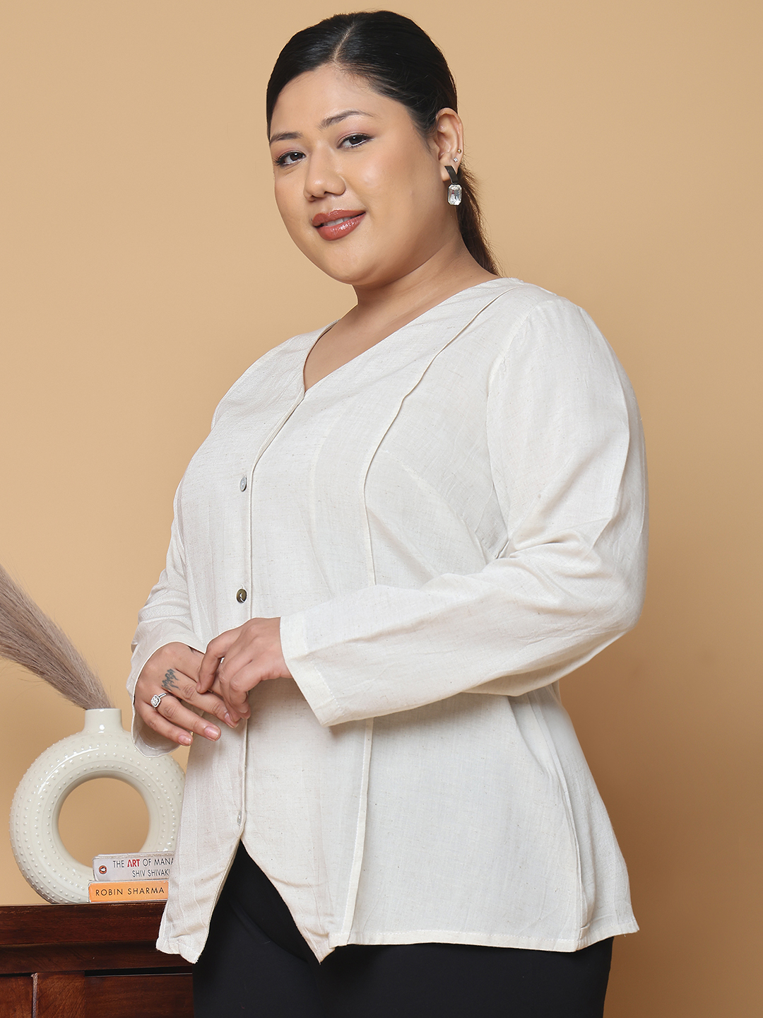 Women's Plus Size Natural Solid Color Linen Top