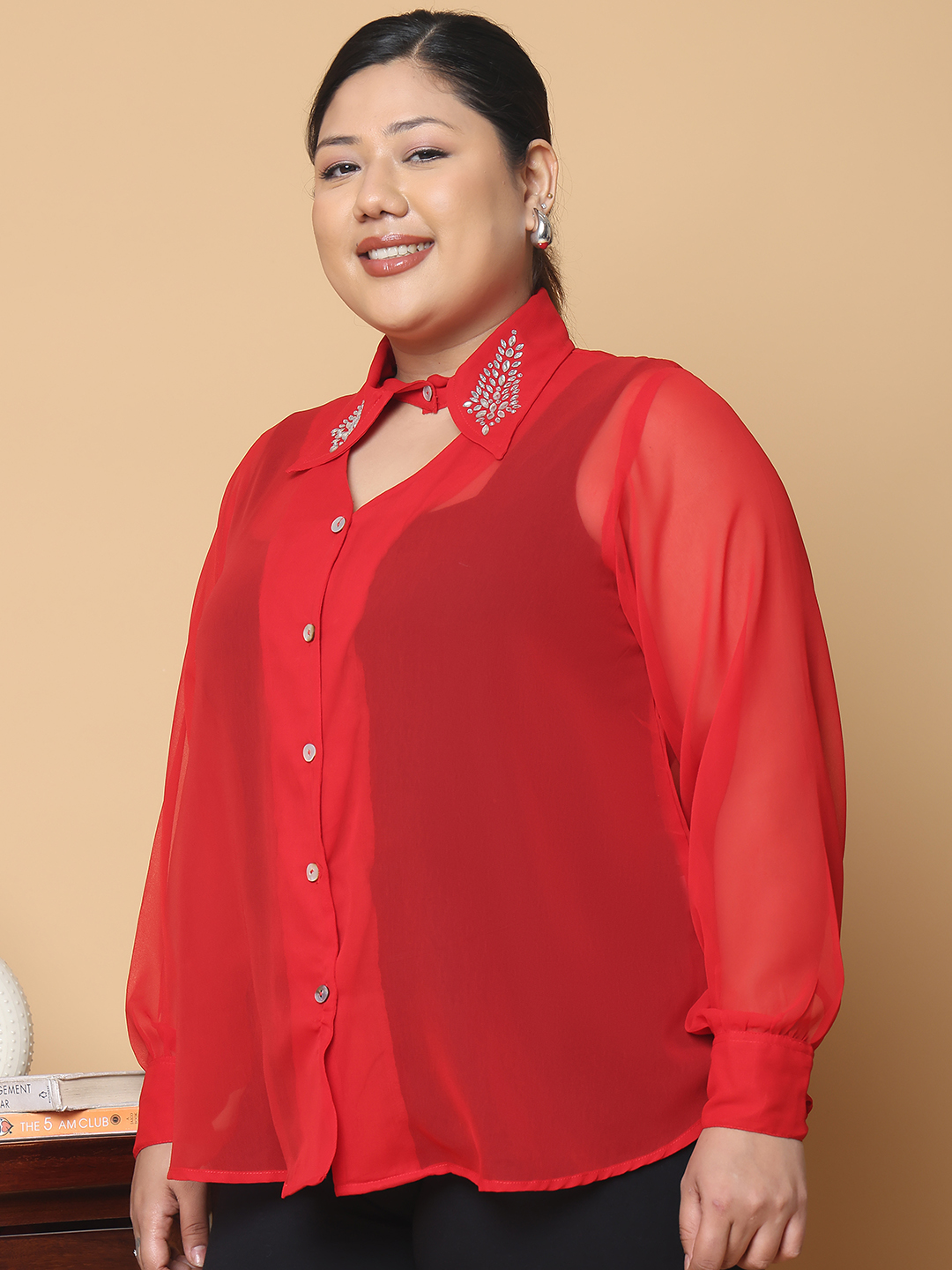 Women's Plus Size Red Solid Color Georgette Shirt
