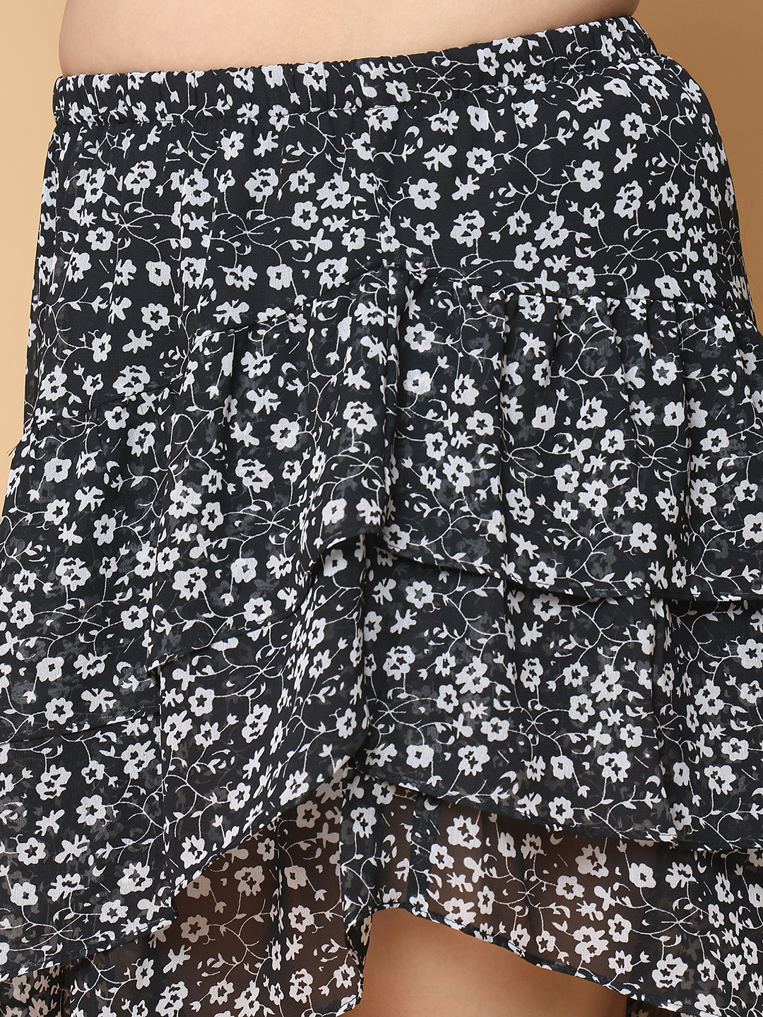 Women's Plus Size Black floral Printed A-Line Georgette Skirt with attached lining