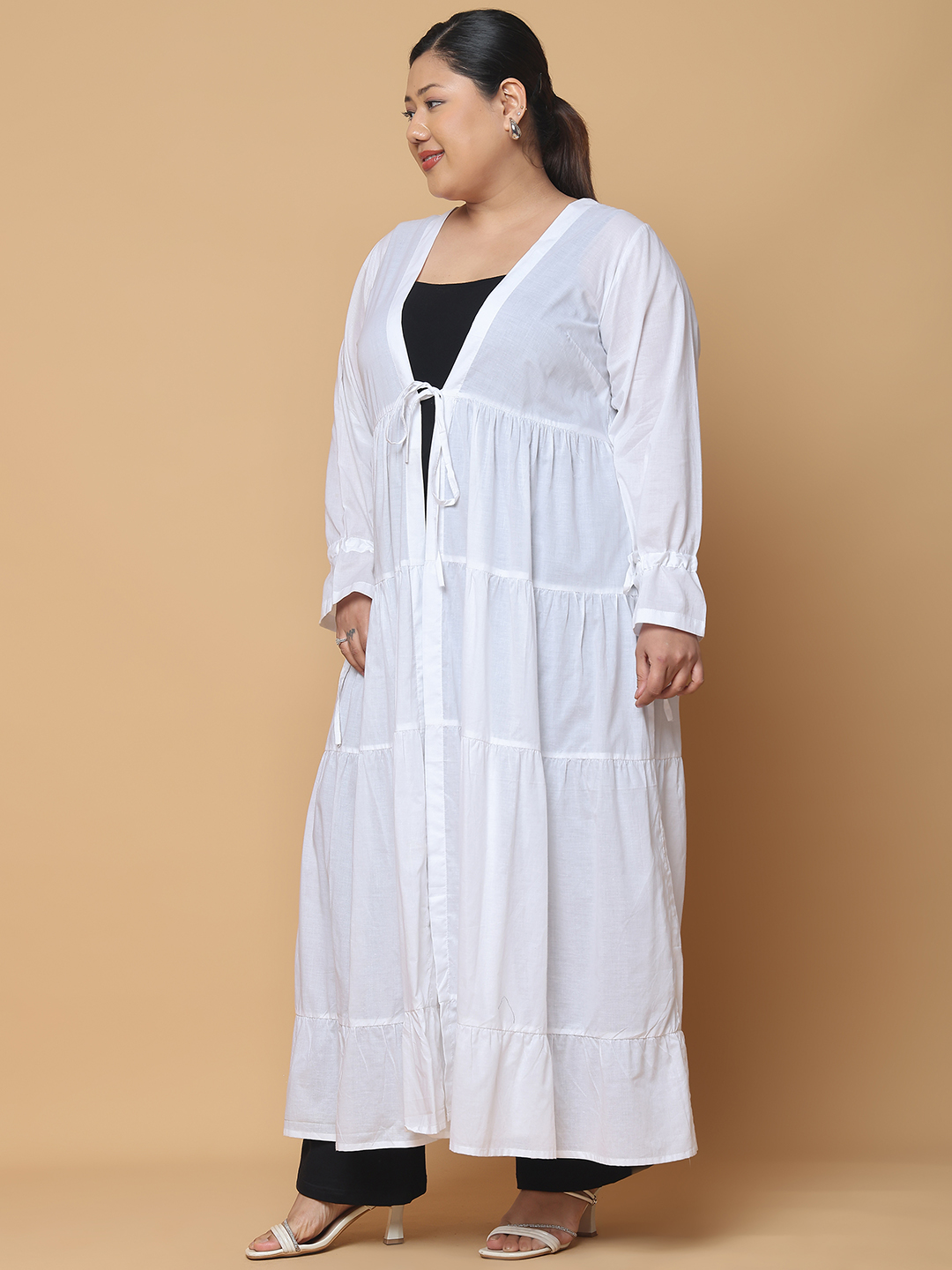 Women's Plus Size White Solid Color Longline Cotton Shrug