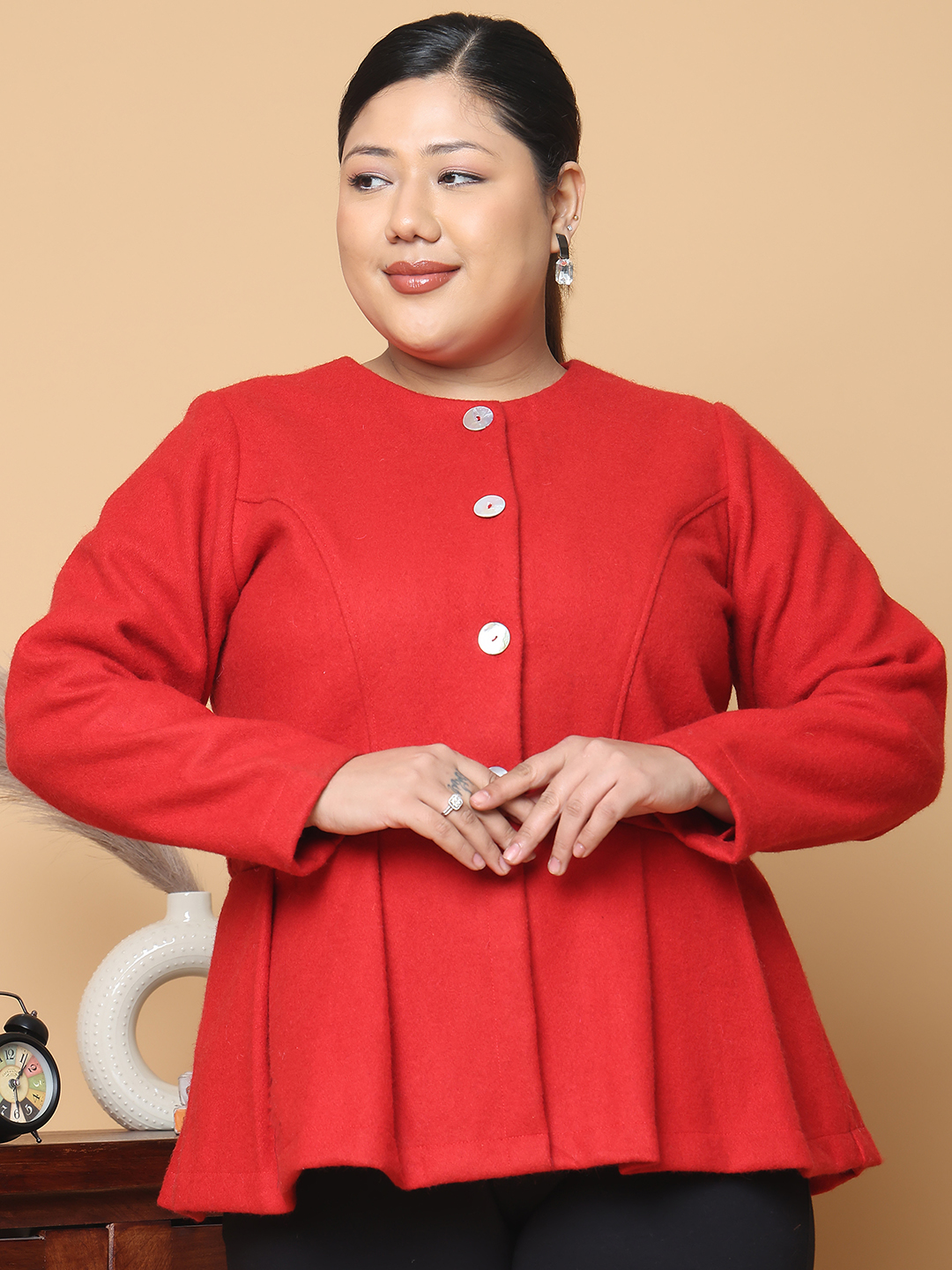 Women's Plus Size Red Solid Color Felt winter Peplum Jacket, has a round neck, front open button closures, long sleeves, pleated detail and straight hem.
