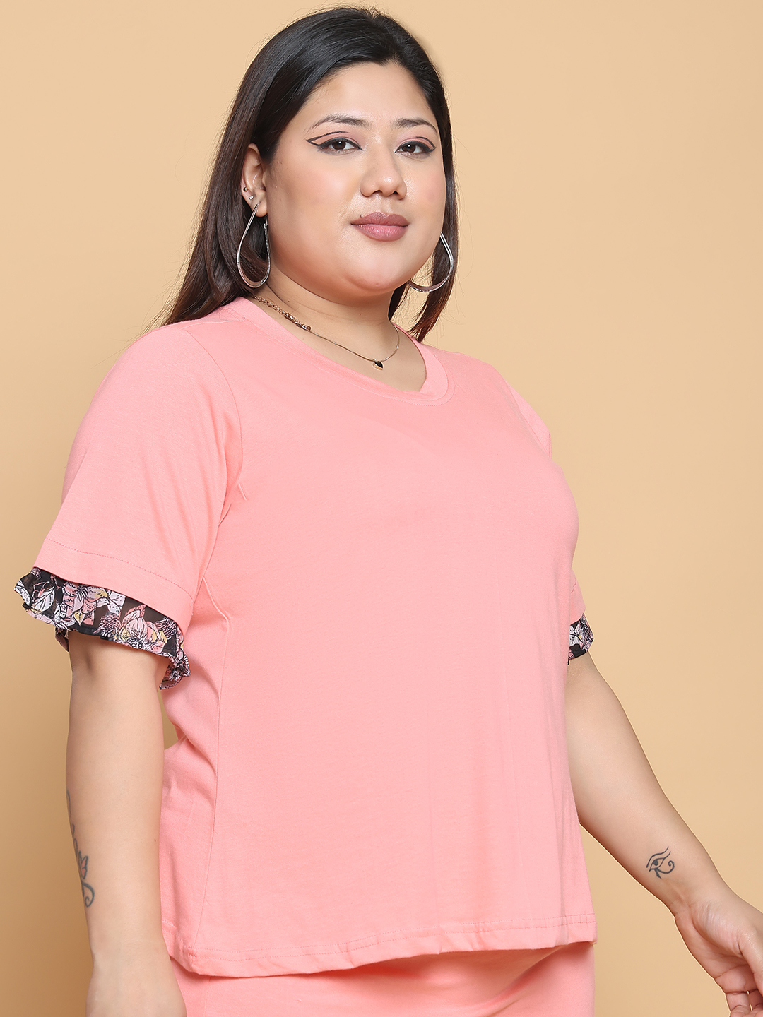 Women's Plus Size Dark Peach solid color cotton knitted Top with attached georgette frill at arm