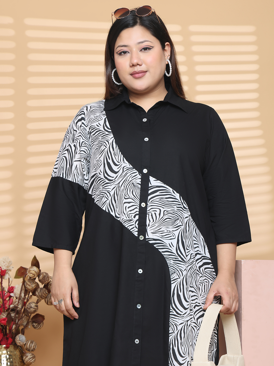 Women's Plus Size Black and White & Black zebra printed Color Block Shirt Dress
