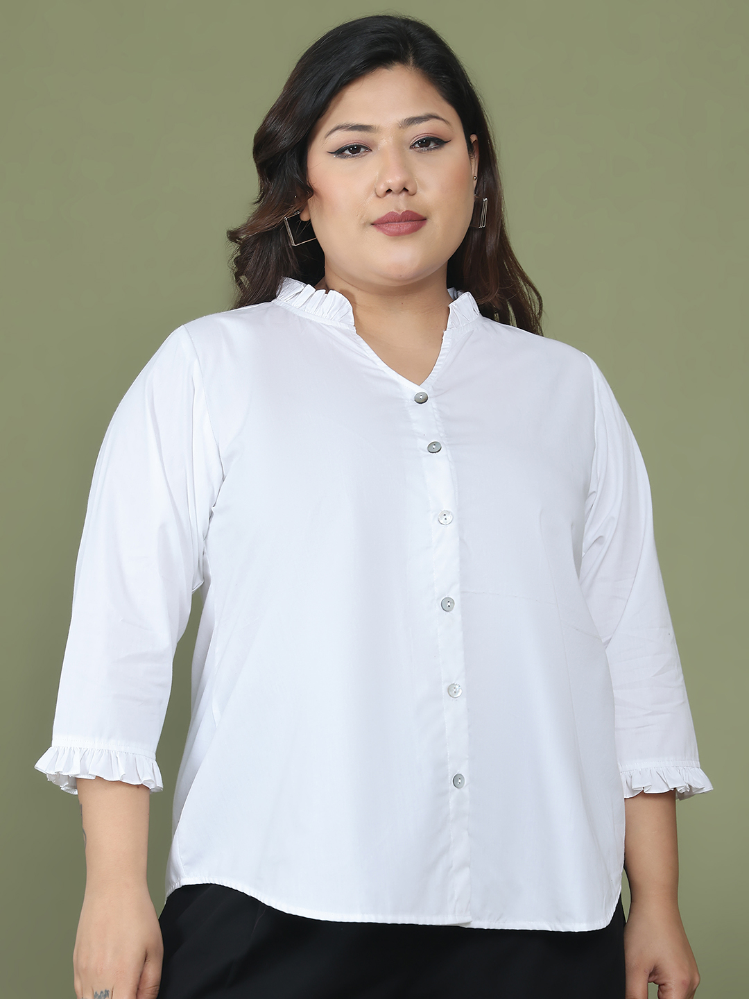 Women's Plus Size White Solid Color Cotton Woven Top