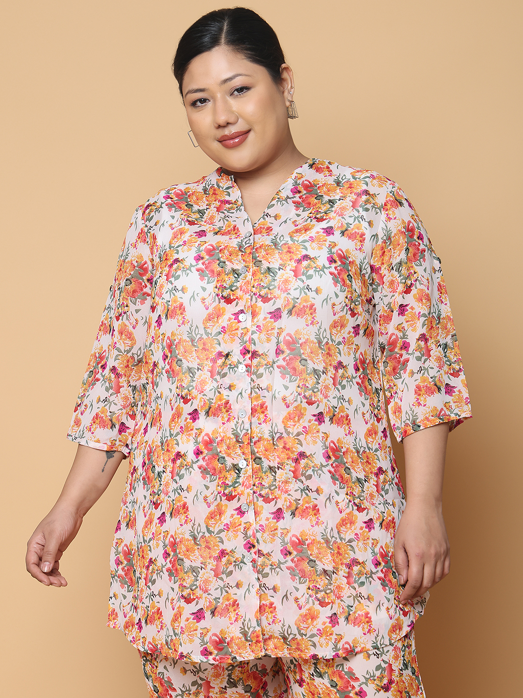 Women's Plus Size Orange Floral printed casual georgette shirt
