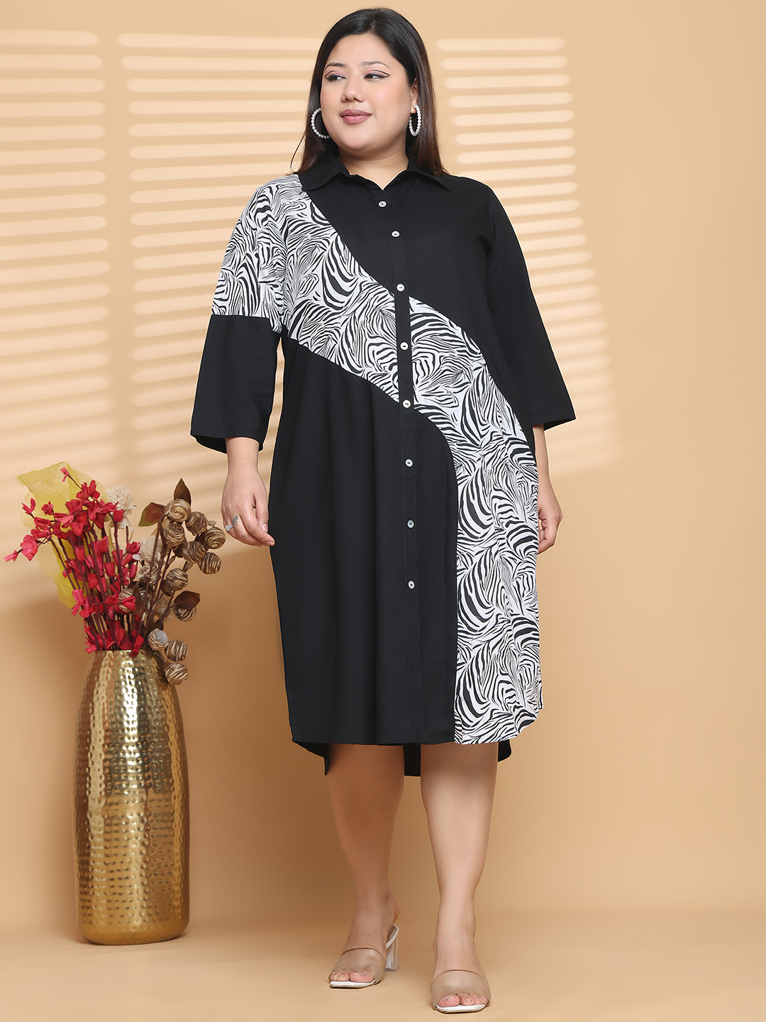 Women's Plus Size Black and White & Black zebra printed Color Block Shirt Dress