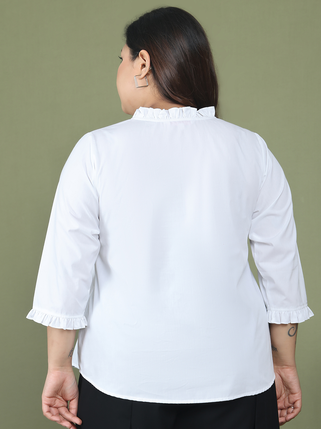 Women's Plus Size White Solid Color Cotton Woven Top