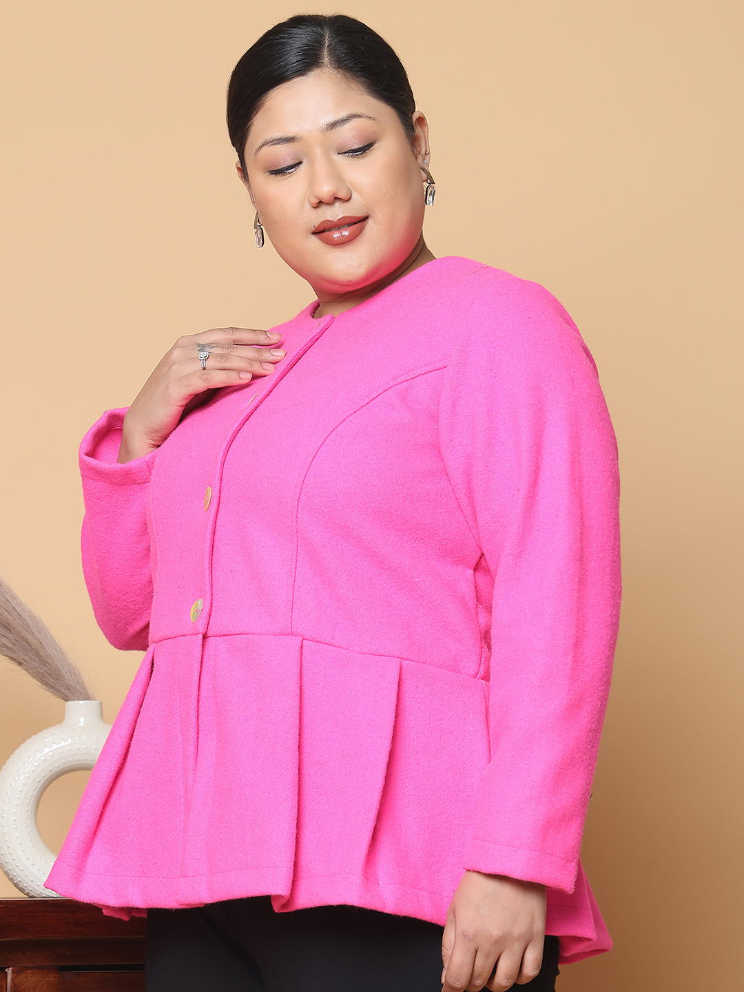 Women's Plus Size Dark Pink Solid Color Felt winter Peplum Jacket, has a round neck, front open button closures, long sleeves, pleated detail and straight hem.