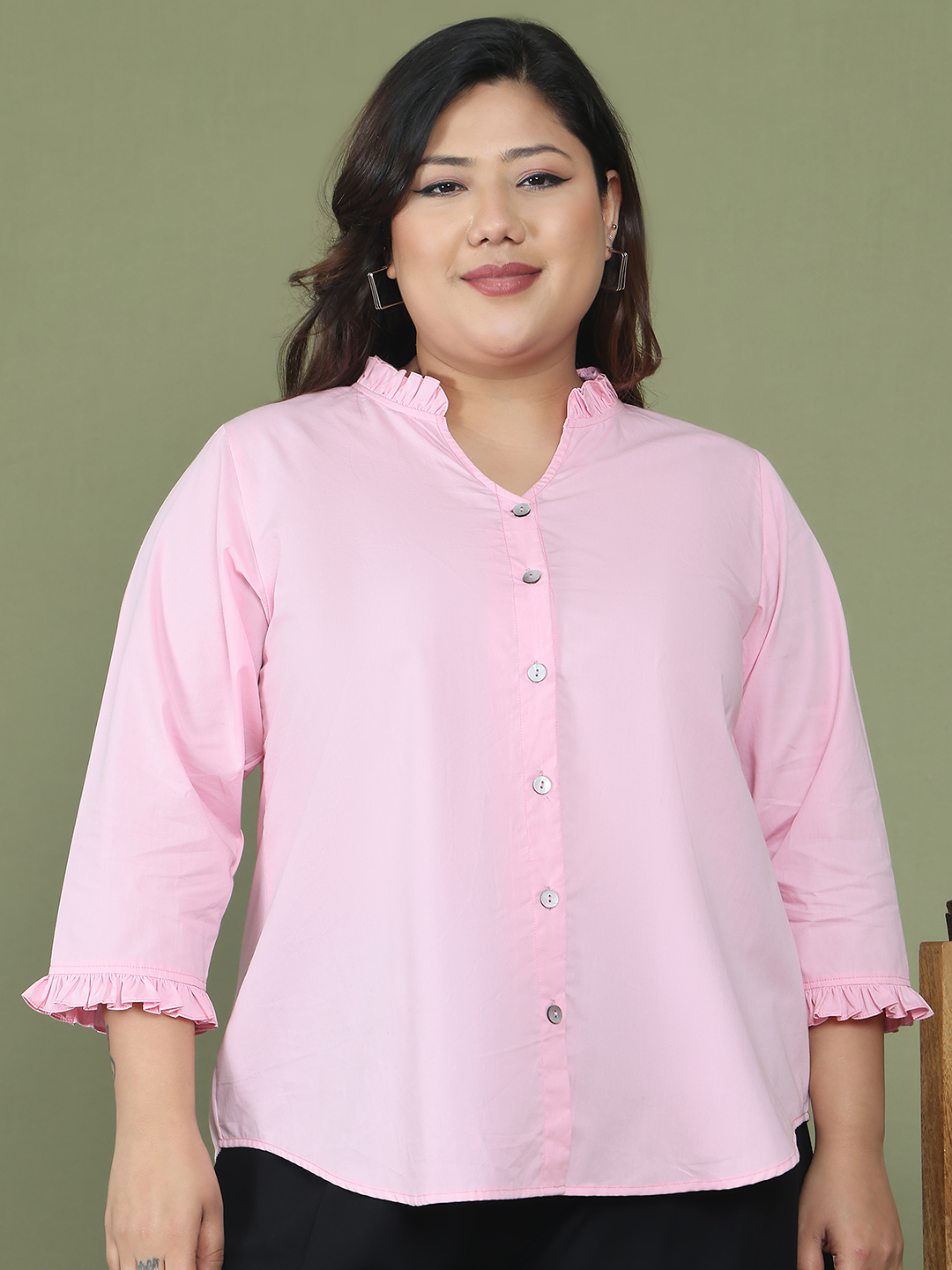 Women's Plus Size Pink Solid Color Cotton Woven Top