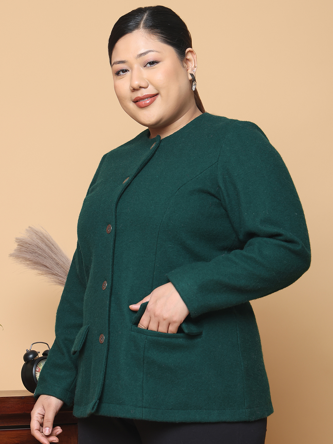 Women's Plus Size Bright Green Solid Color Felt winter Jacket, has a round neck, front open button closures, long sleeves, two front flap pockets and straight hem.