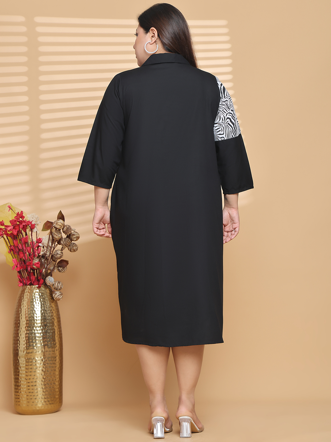 Women's Plus Size Black and White & Black zebra printed Color Block Shirt Dress