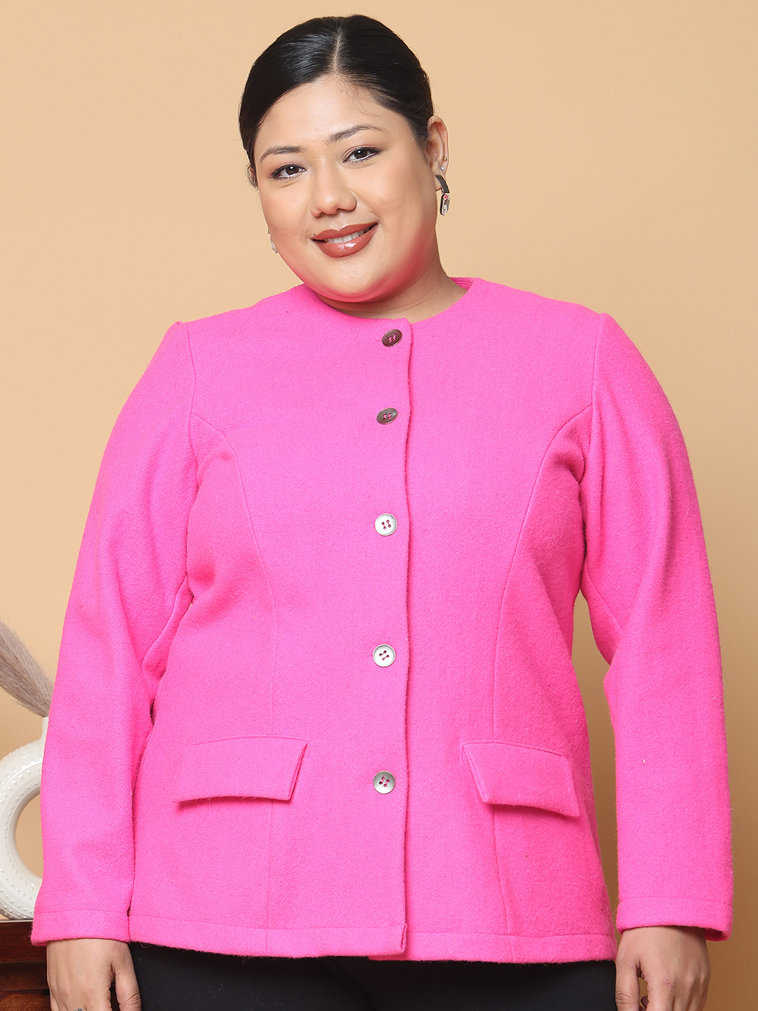 Women's Plus Size Dark Pink Solid Color Felt winter Jacket, has a round neck, front open button closures, long sleeves, two front flap pockets and straight hem.