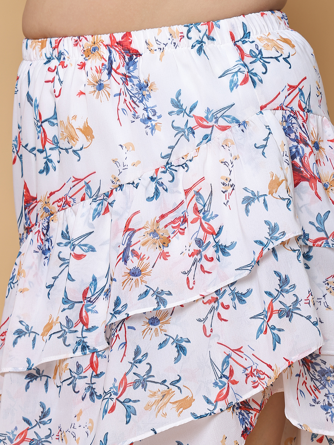 Women's Plus Size White Floral Printed A-Line Georgette Skirt with attached lining