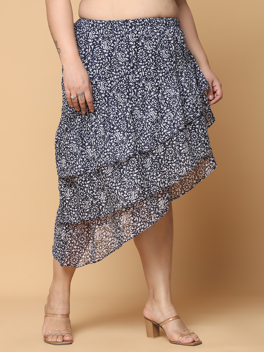 Women's Plus Size Navy Floral Printed A-Line Georgette Skirt with attached lining