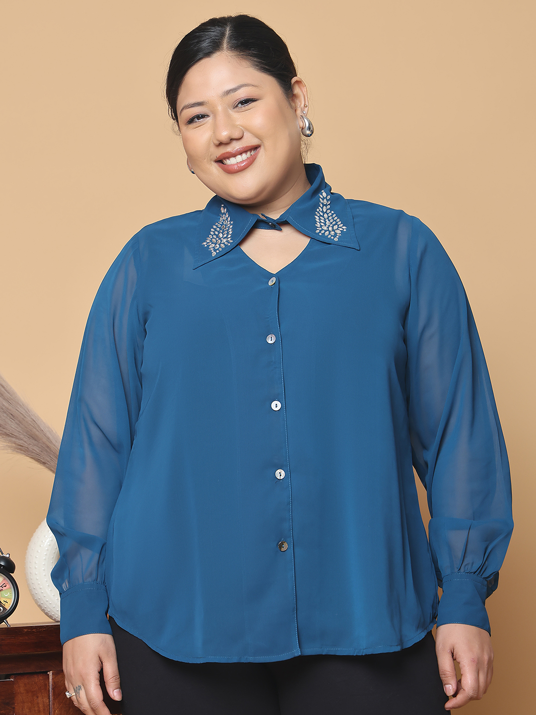 Women's Plus Size Teal Solid Color Georgette Shirt