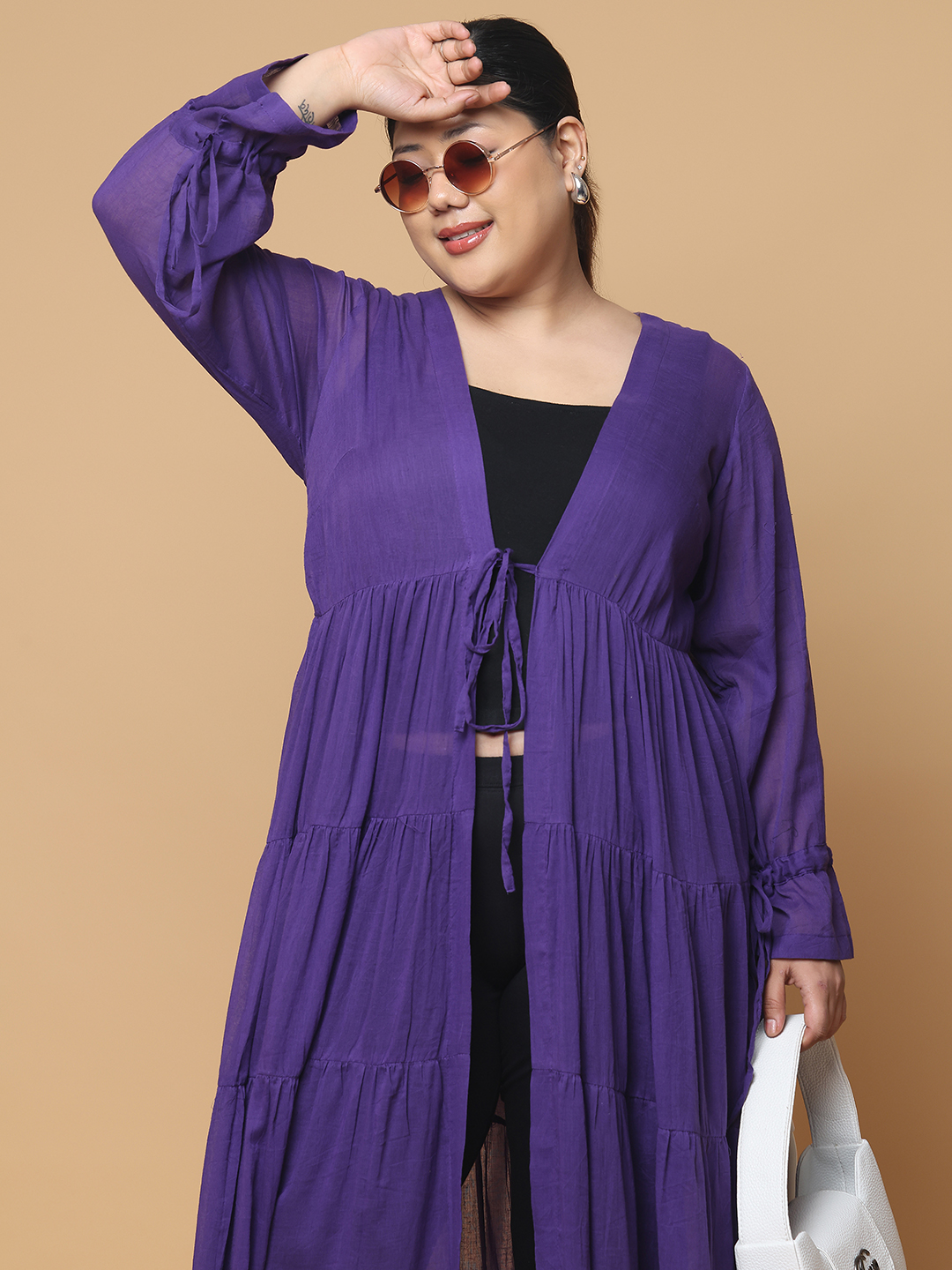 Women's Plus Size Purple Solid Color Longline Cotton Shrug