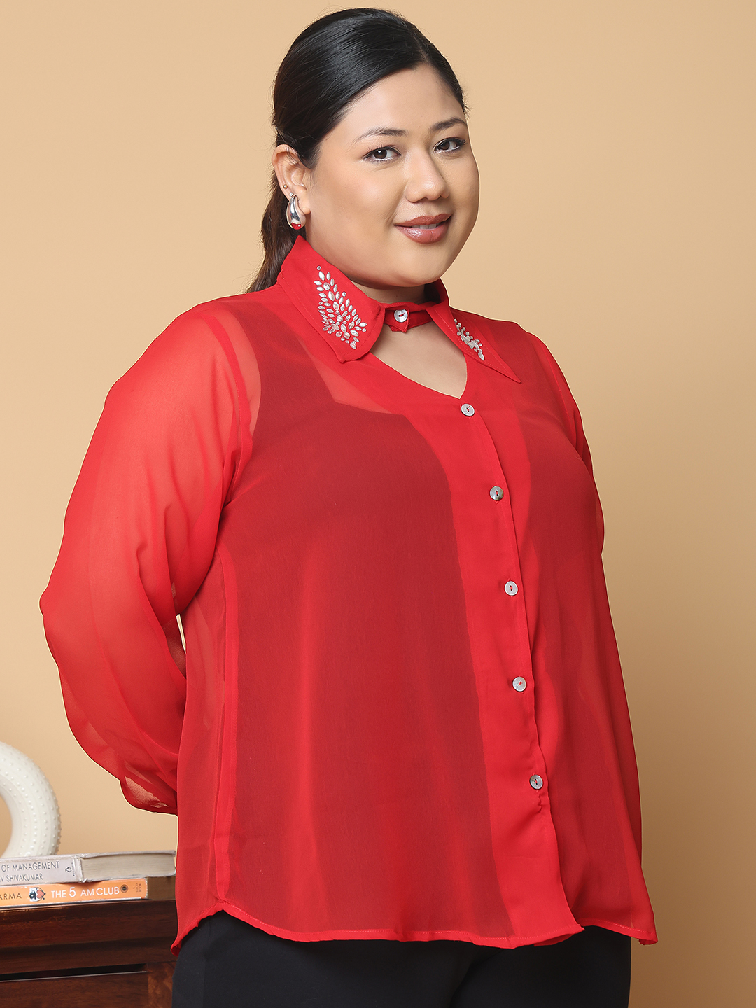 Women's Plus Size Red Solid Color Georgette Shirt