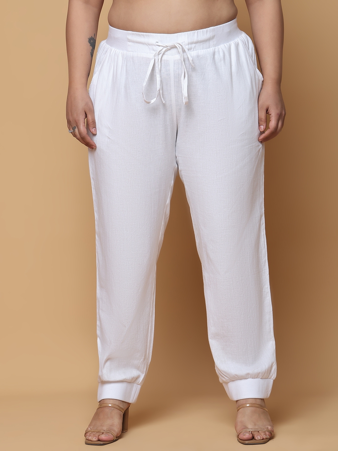 Women's Plus Size White Solid Color Linen Trouser