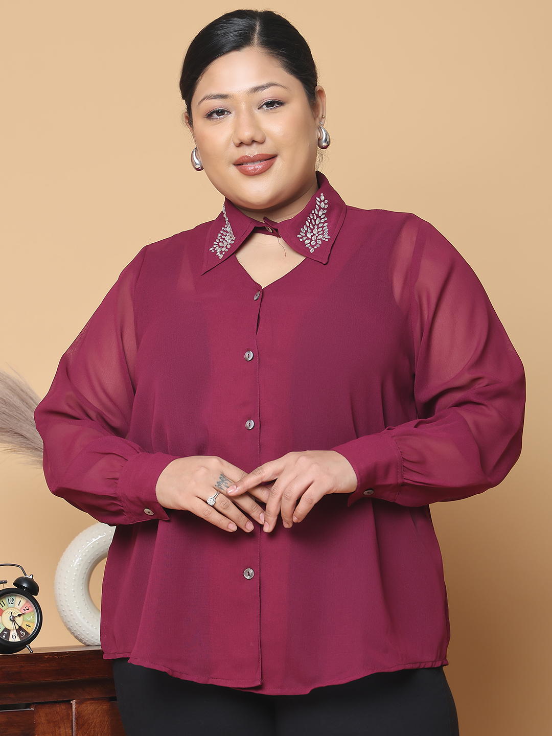 Women's Plus Size Purple Solid Color Georgette Shirt