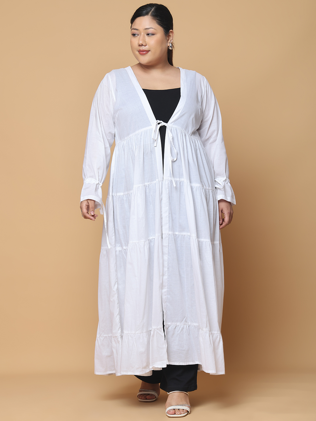 Women's Plus Size White Solid Color Longline Cotton Shrug