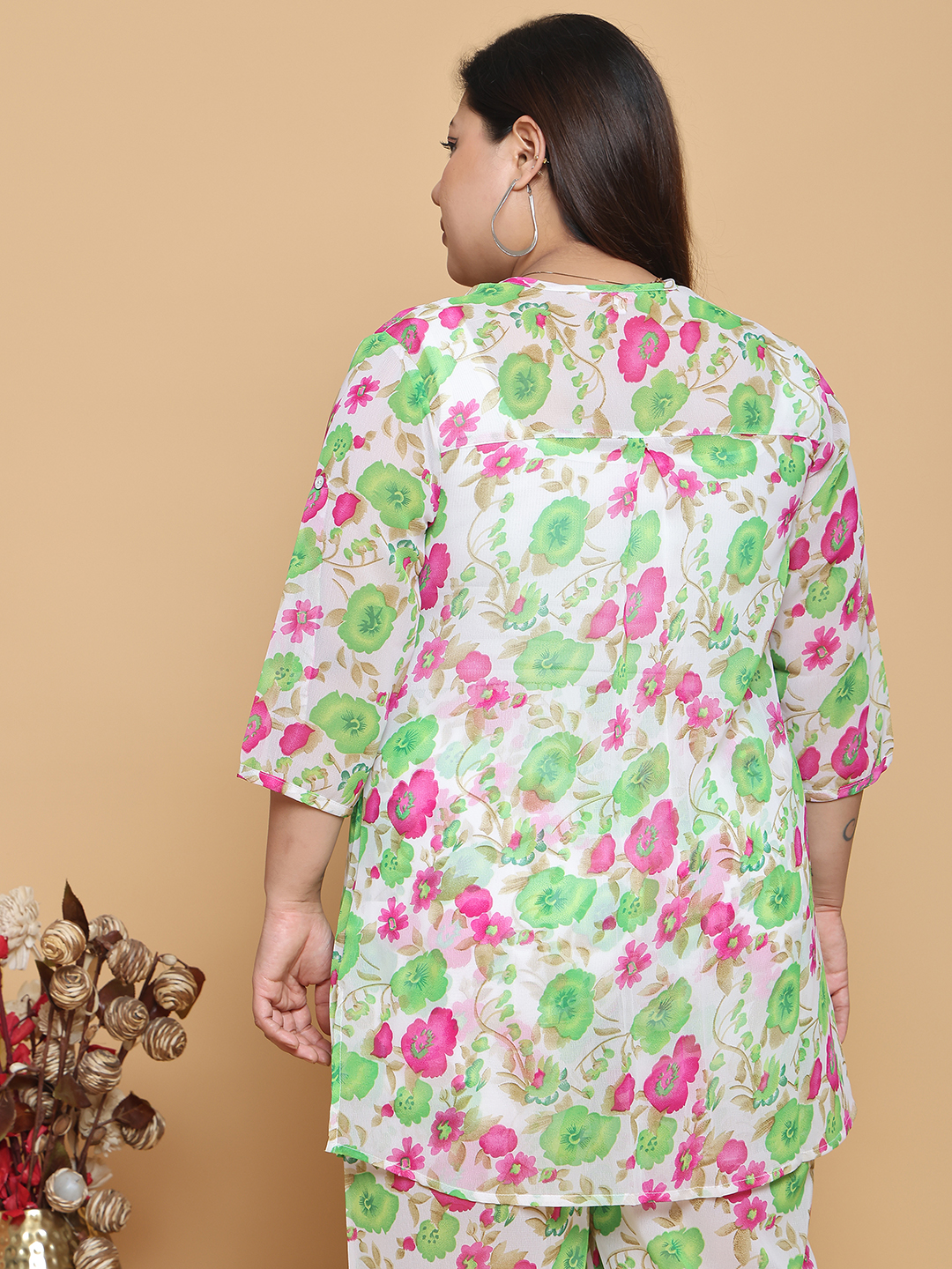 Women's Plus Size Bright Green floral printed casual georgette shirt