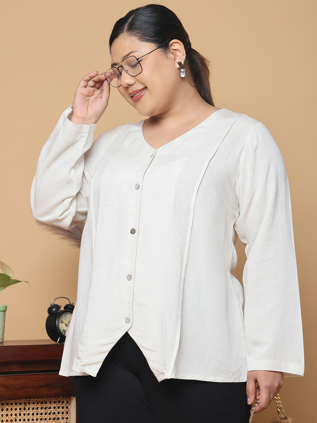 Women's Plus Size Natural Solid Color Linen Top