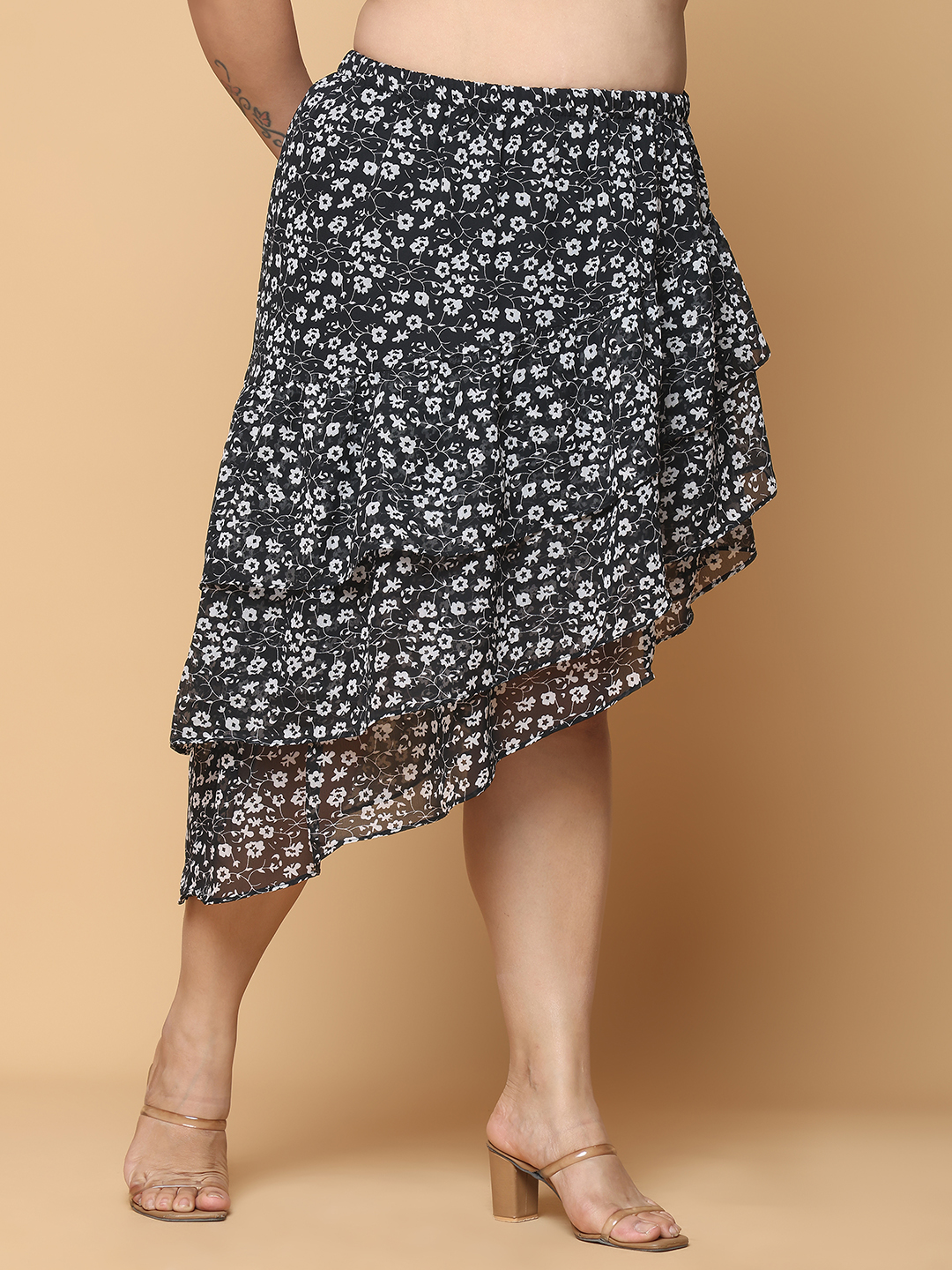 Women's Plus Size Black floral Printed A-Line Georgette Skirt with attached lining