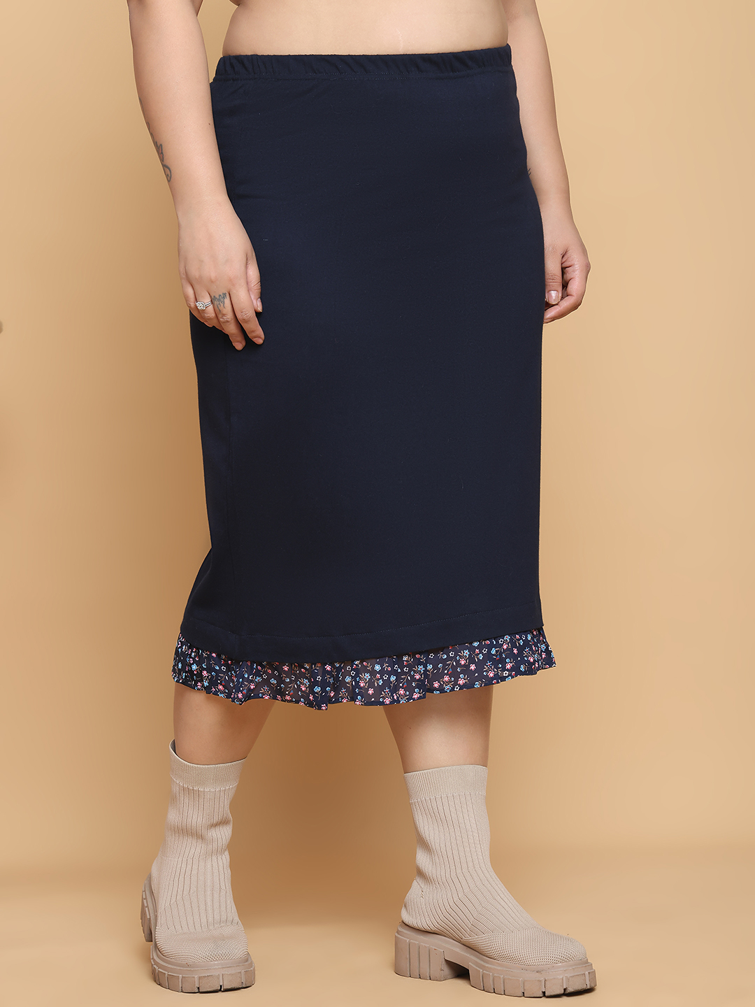 Women's Plus Size Navy Blue solid color cotton knitted Skirt with attached georgette frill at bottom hem