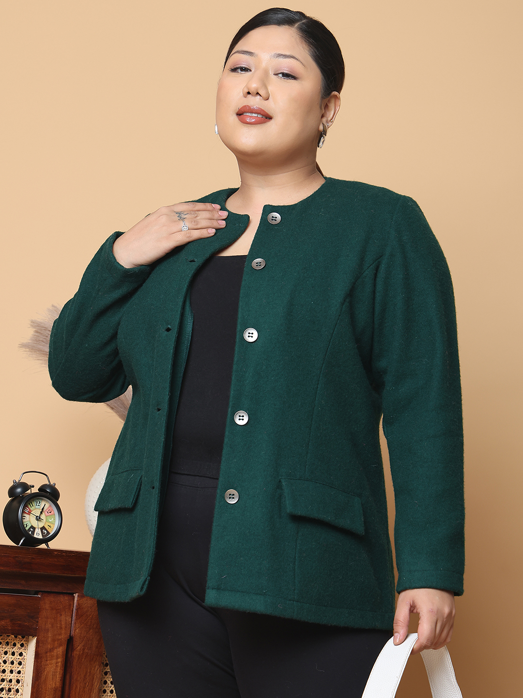 Women's Plus Size Bright Green Solid Color Felt winter Jacket, has a round neck, front open button closures, long sleeves, two front flap pockets and straight hem.