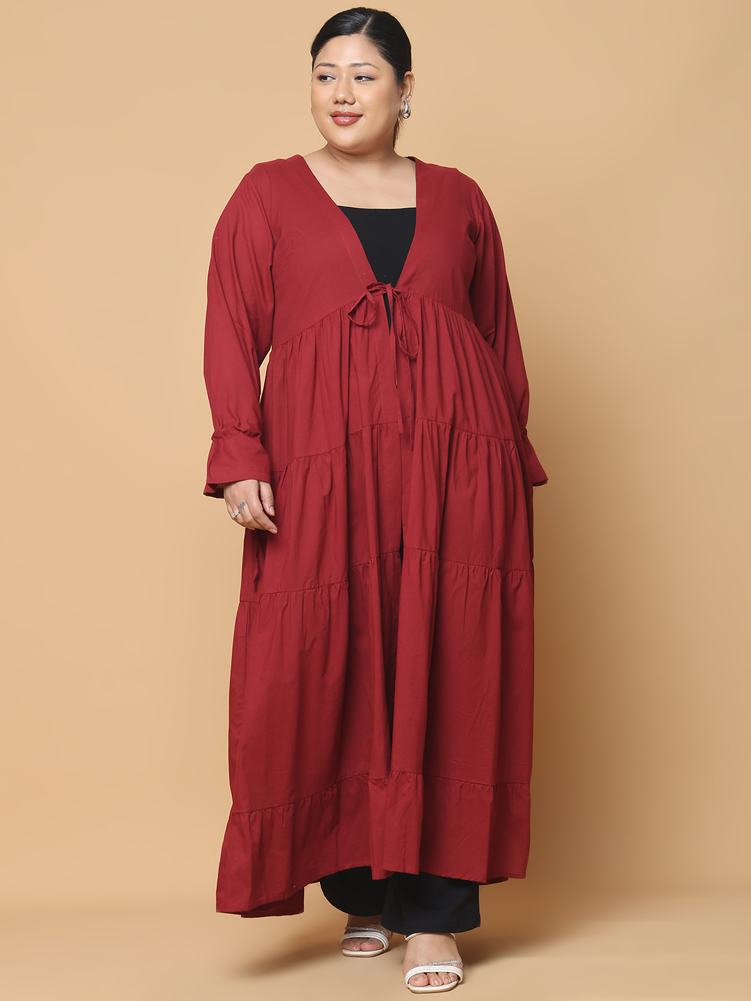 Women's Plus Size Maroon Solid Color Longline Cotton Shrug