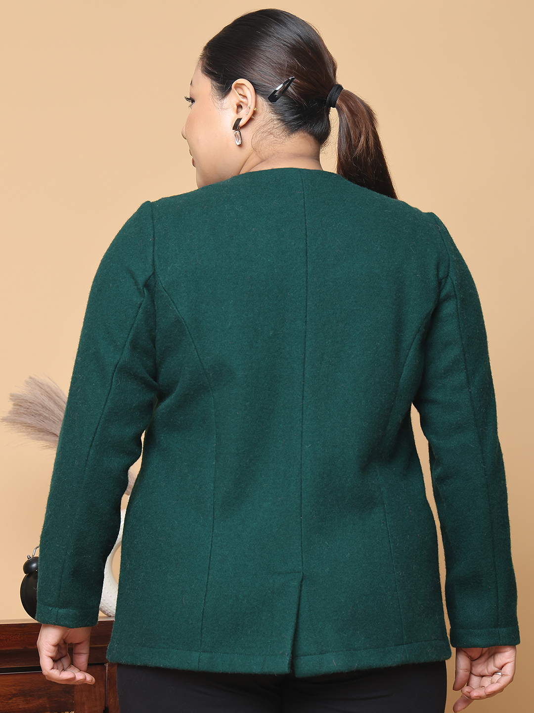 Women's Plus Size Bright Green Solid Color Felt winter Jacket, has a round neck, front open button closures, long sleeves, two front flap pockets and straight hem.