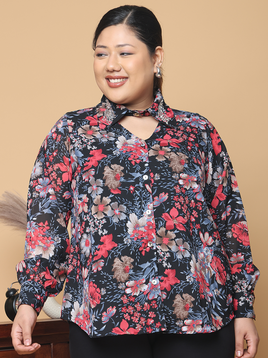 Women's Plus Size Black & Red floral printed Georgette Shirt