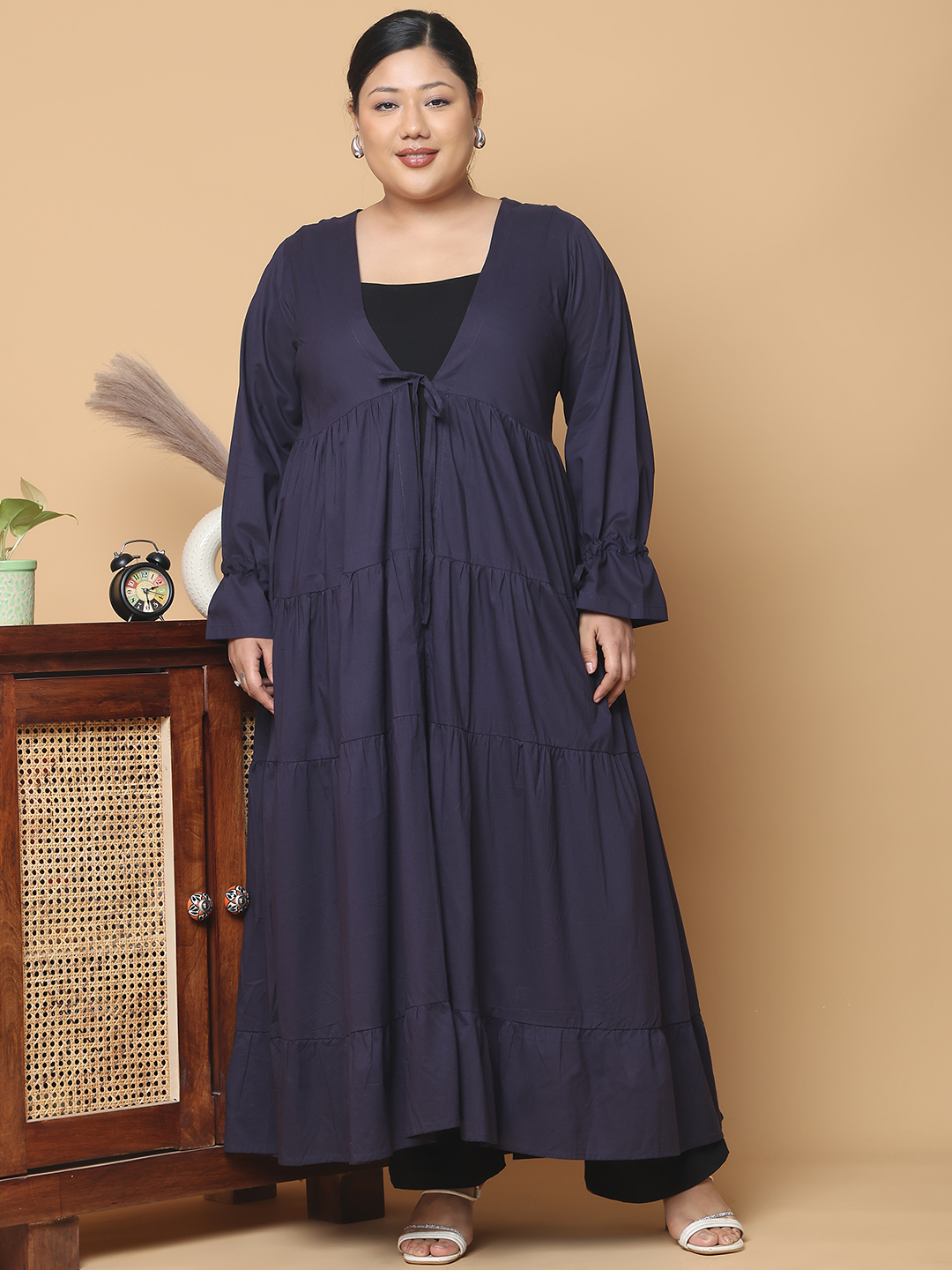 Women's Plus Size Navy Blue Solid Color Longline Cotton Shrug