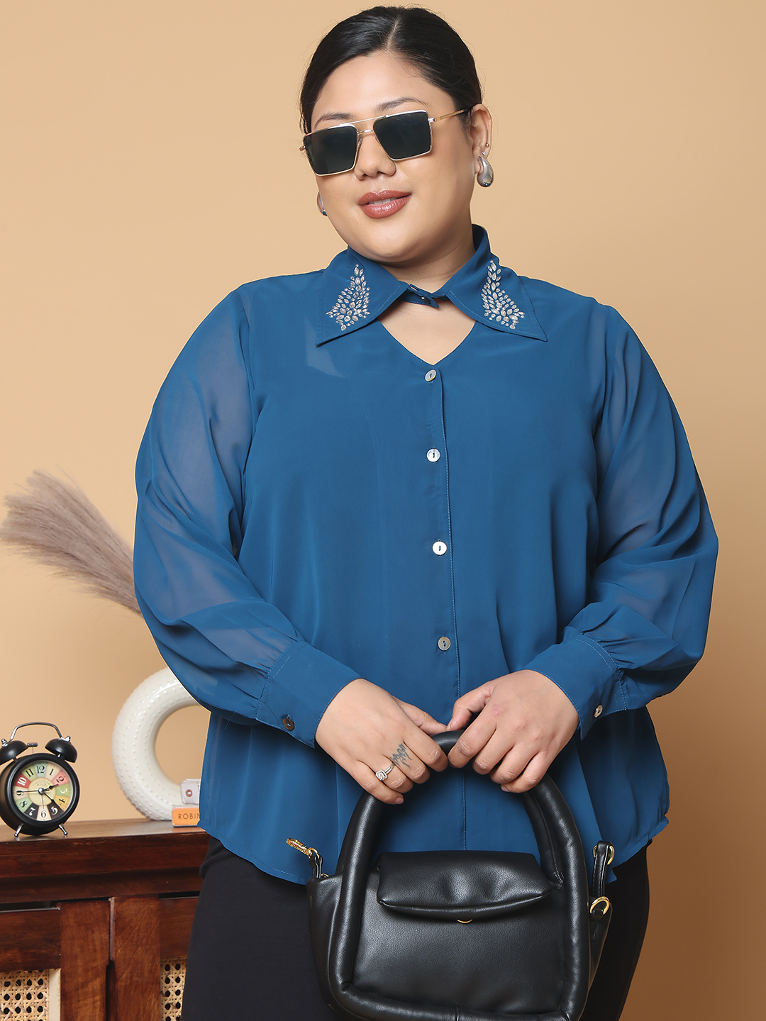 Women's Plus Size Teal Solid Color Georgette Shirt
