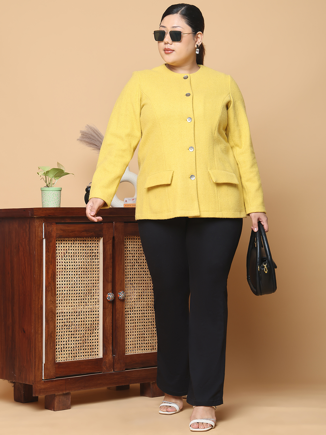 Women's Plus Size Mustard Solid Color Felt winter Jacket, has a round neck, front open button closures, long sleeves, two front flap pockets and straight hem.