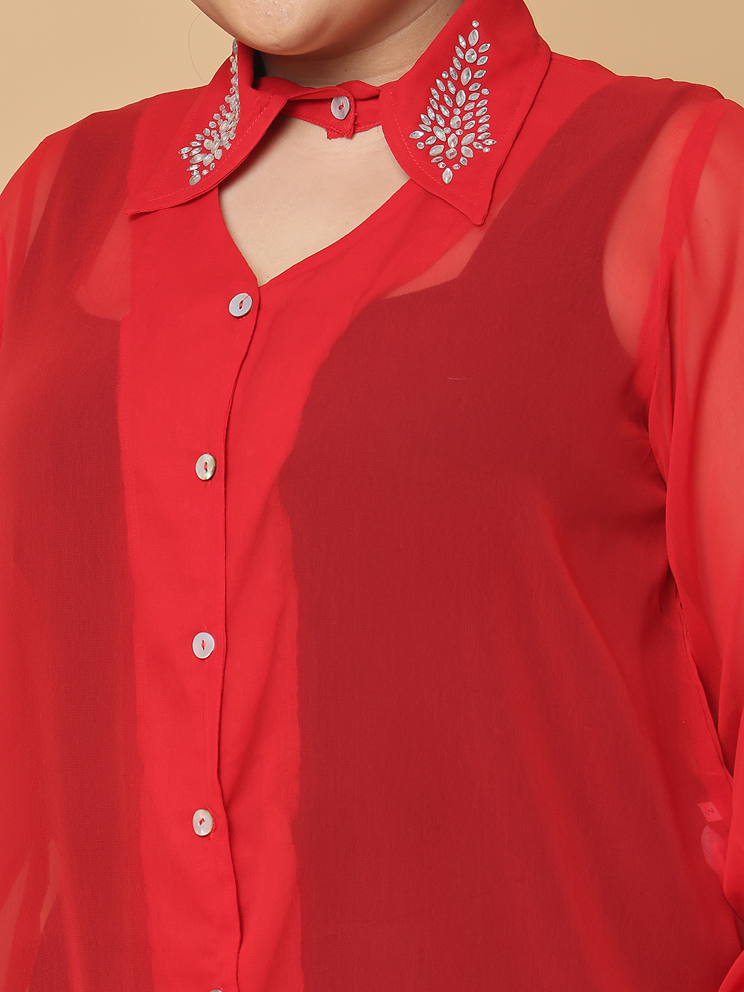 Women's Plus Size Red Solid Color Georgette Shirt