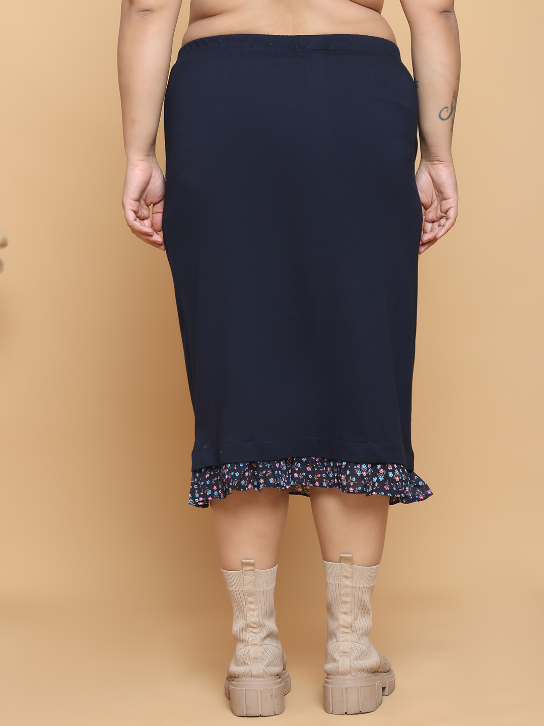 Women's Plus Size Navy Blue solid color cotton knitted Skirt with attached georgette frill at bottom hem