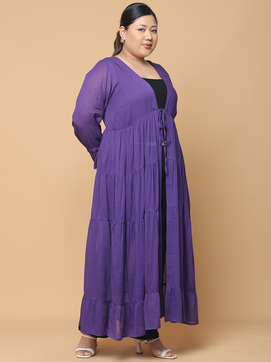 Women's Plus Size Purple Solid Color Longline Cotton Shrug