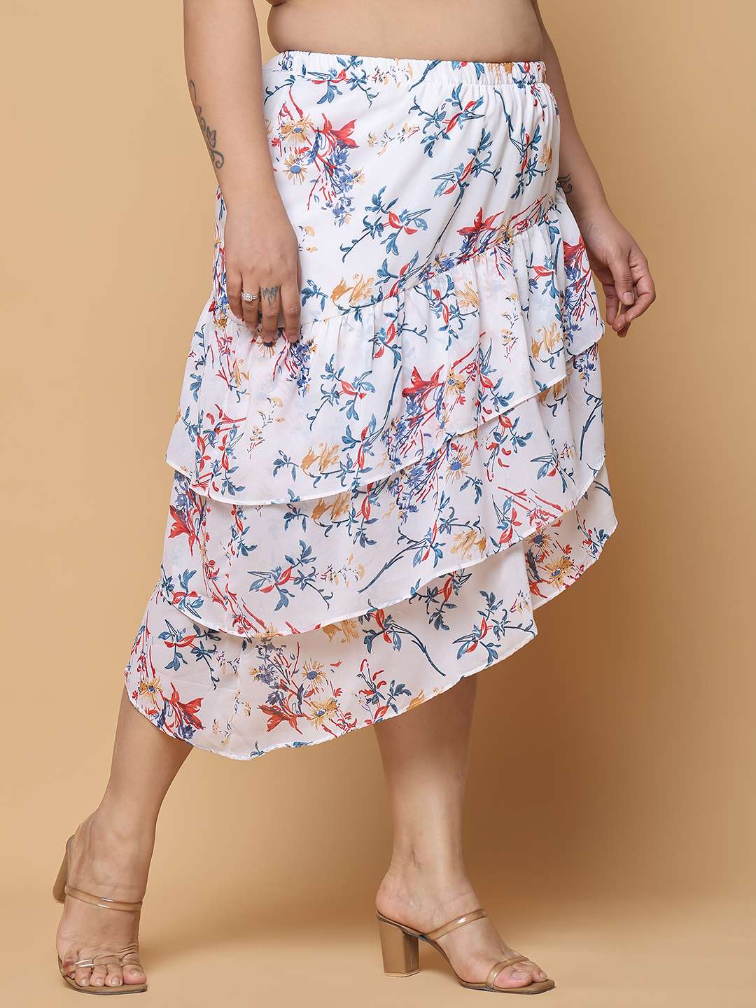 Women's Plus Size White Floral Printed A-Line Georgette Skirt with attached lining