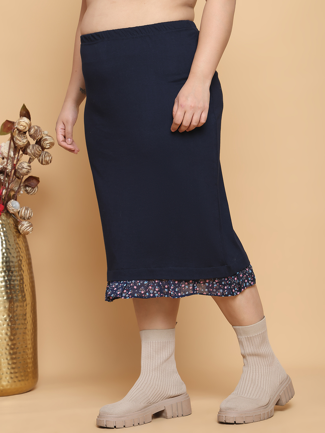 Women's Plus Size Navy Blue solid color cotton knitted Skirt with attached georgette frill at bottom hem