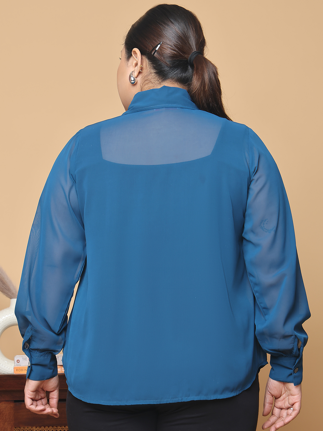 Women's Plus Size Teal Solid Color Georgette Shirt