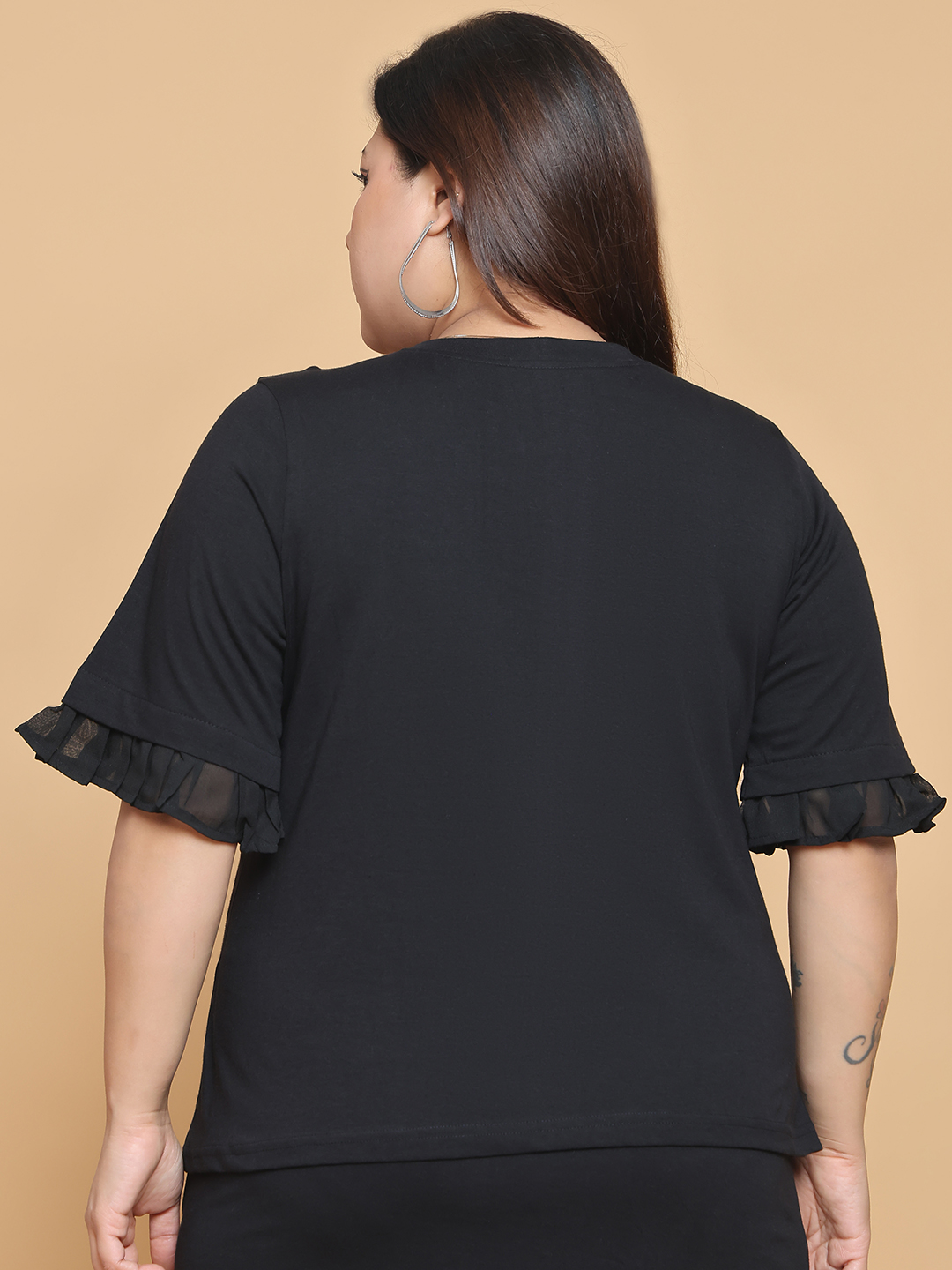 Women's Plus Size Black solid color cotton knitted Top with attached georgette frill at arm