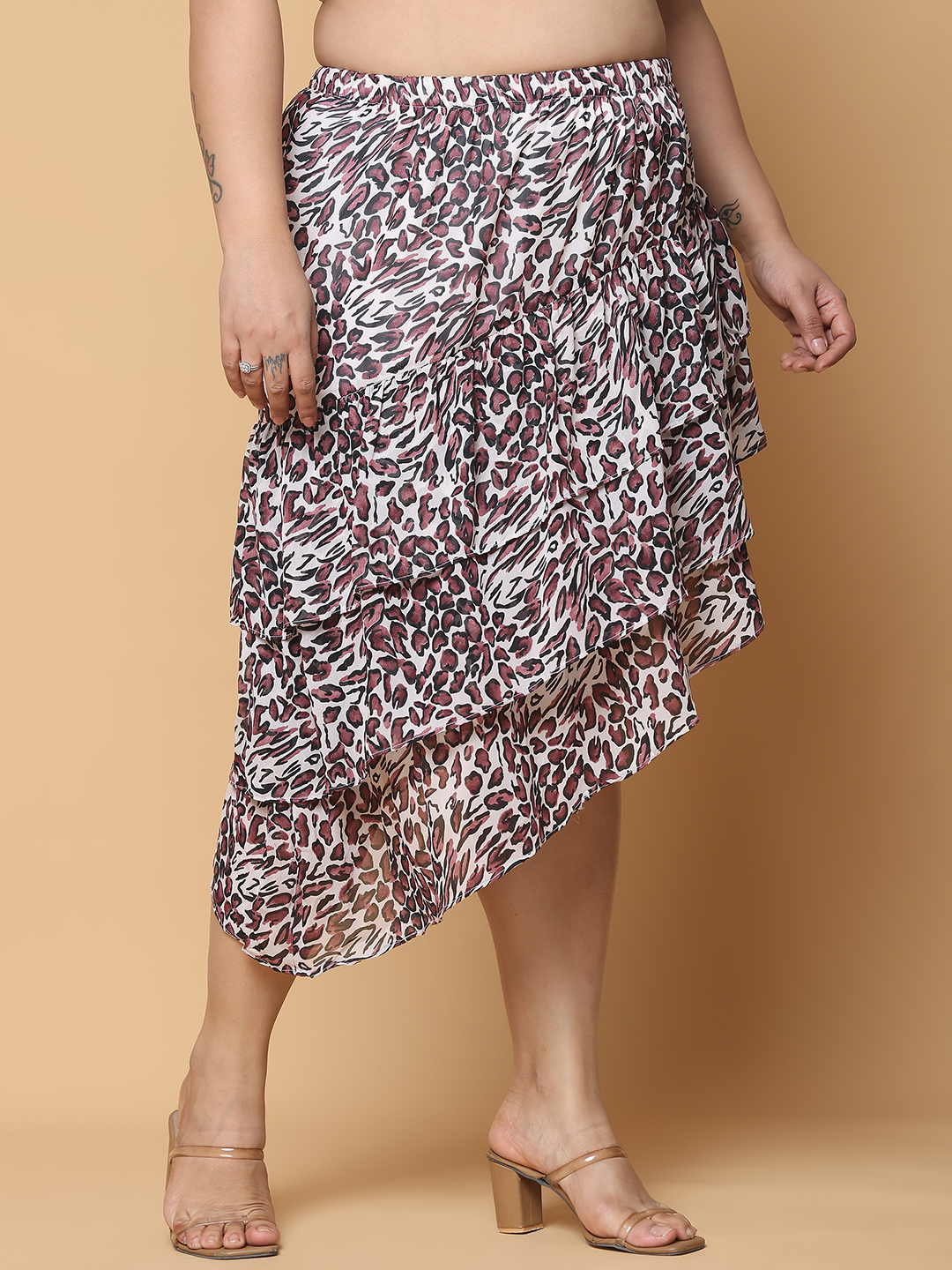 Women's Plus Size Leopard Animal Printed A-Line Georgette Skirt with attached lining