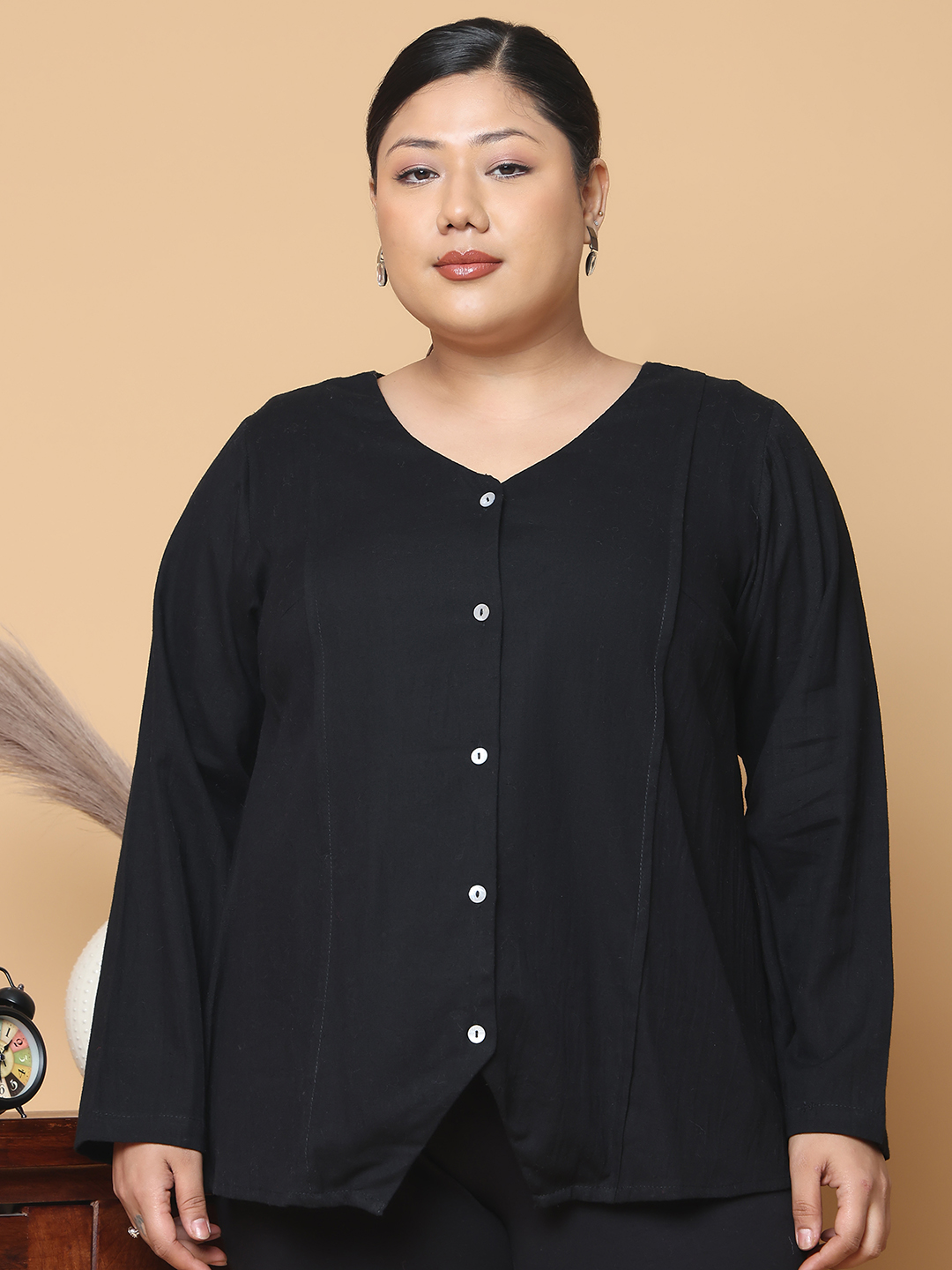 Women's Plus Size Black Solid Color Linen Top